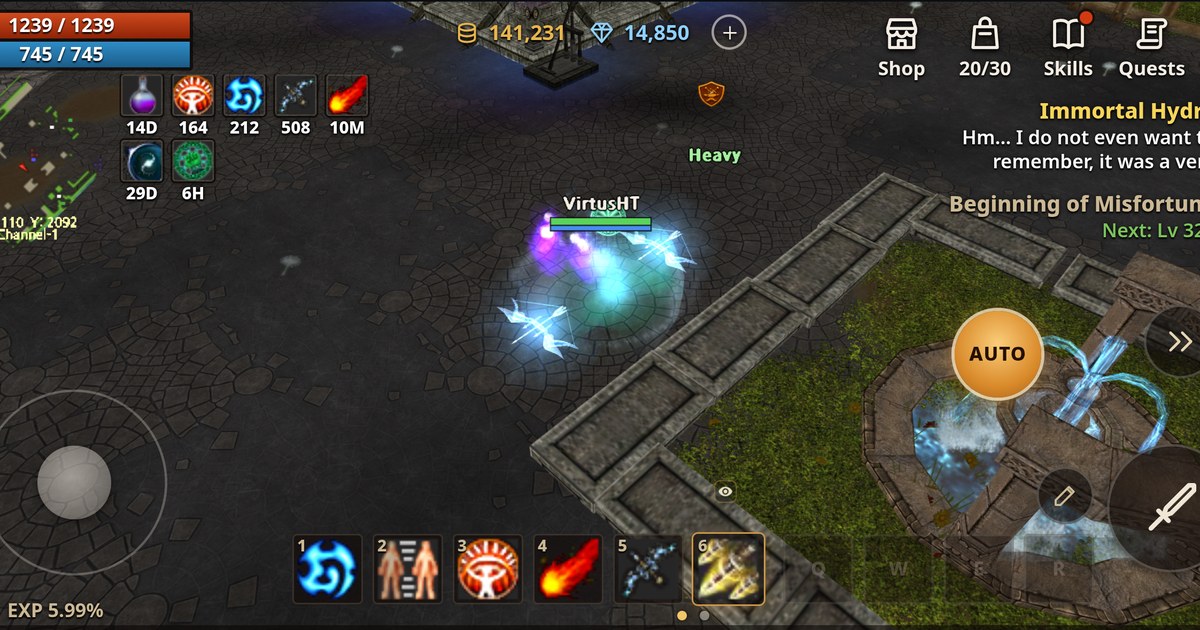 Supreme Destiny's new interface in Armia: virtual joystick, AUTO button and skill bar